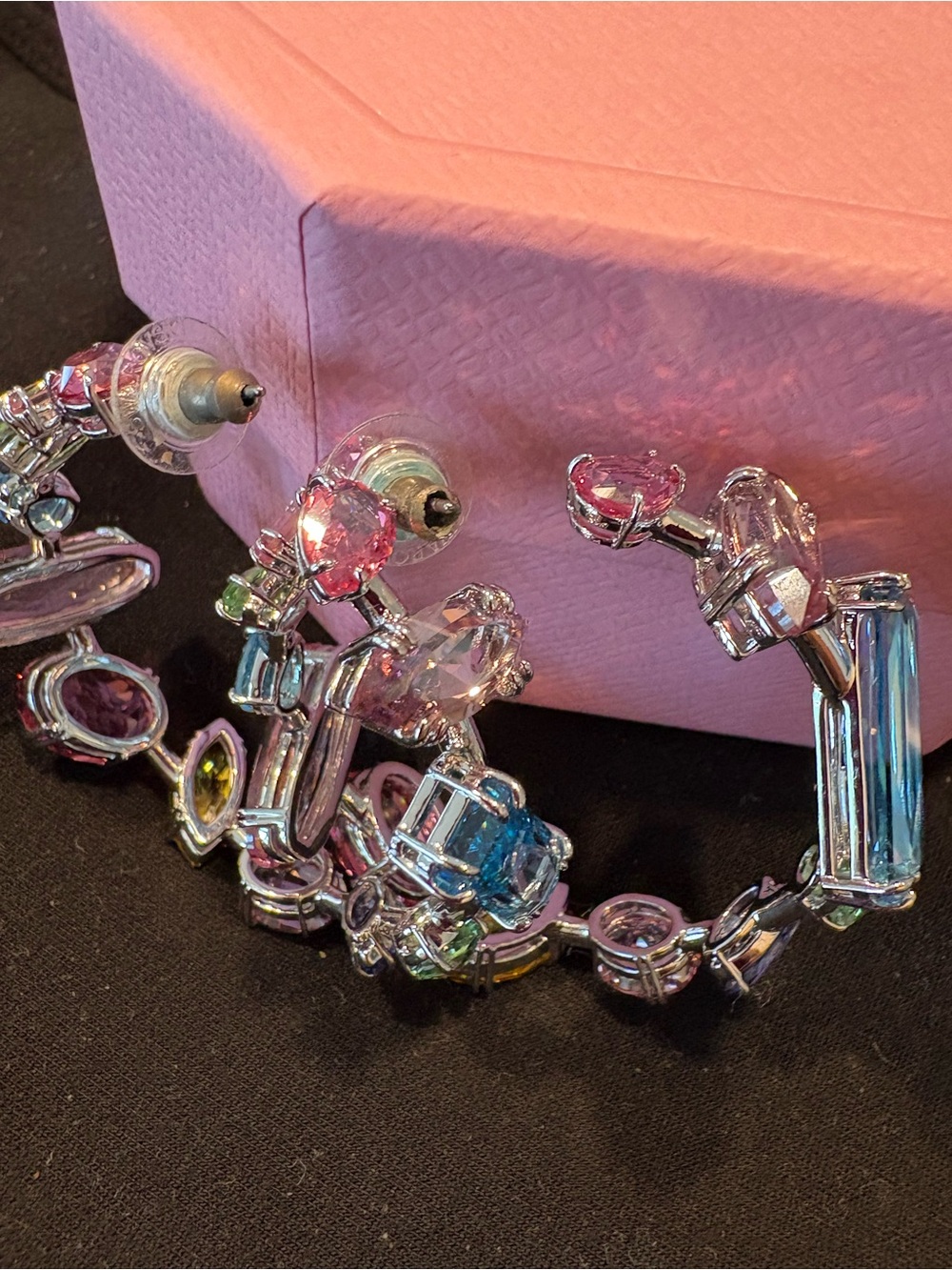 Swarovski Multicolor Crystal Hoop Earrings in Pink, Blue, Green & Yellow - Picture 7 of 10